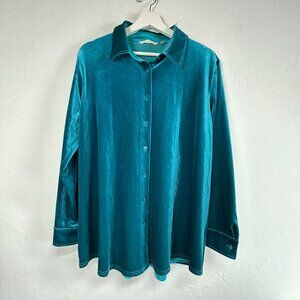 Soft Surroundings Womens Teal Velvet Long Sleeve Button Down Shirt Large NWOT